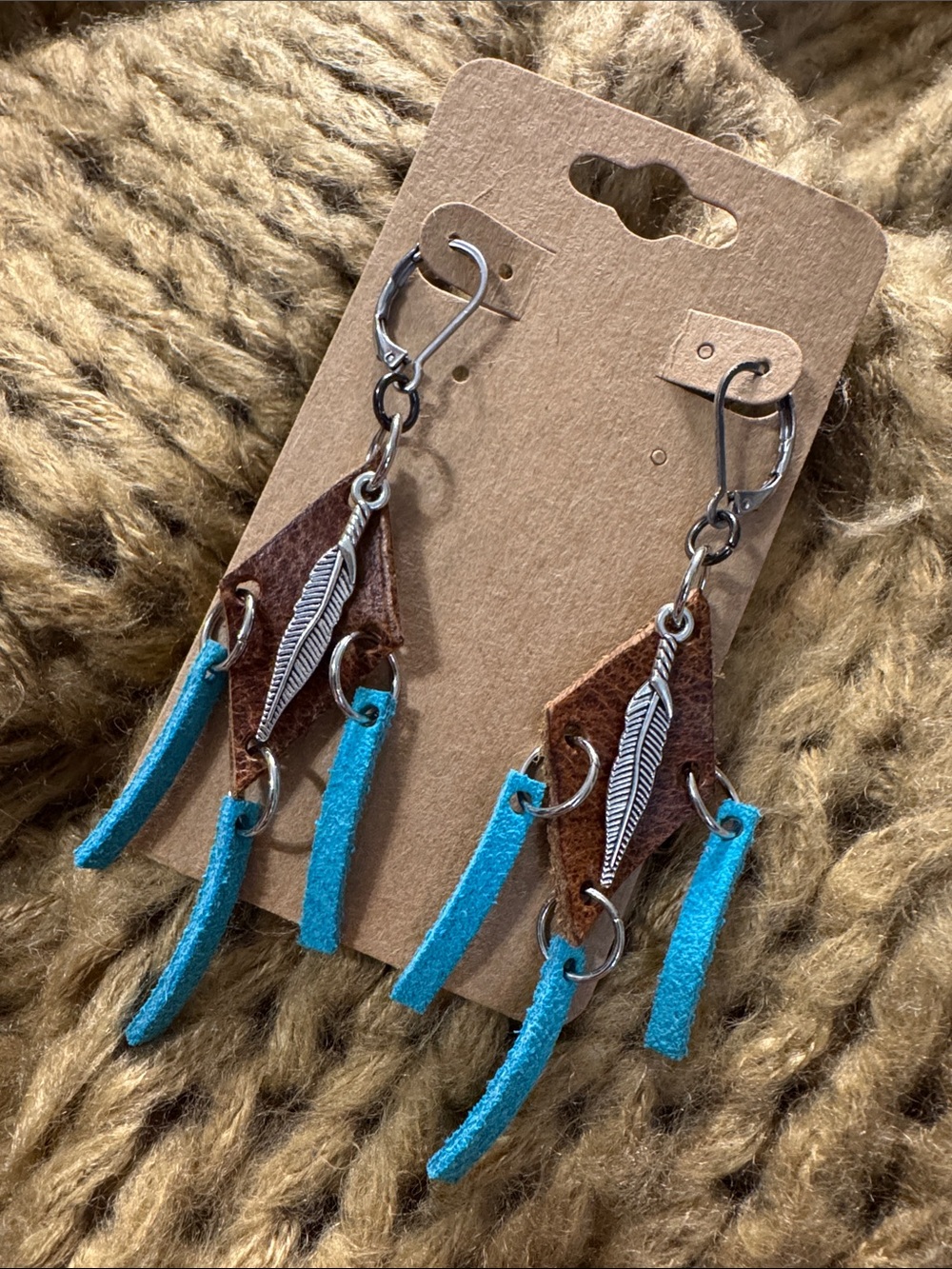 Handmade Boho Brown Leather & Turquoise Suede Feather Drop Earrings